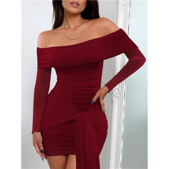 Womens Dress Off The Shoulder Long Sleeve Wine Red - Picture 1 of 7